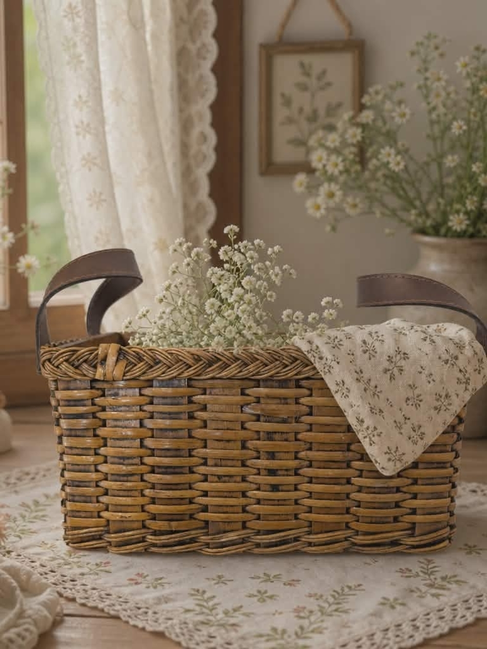 Vintage Woven Basket with Leather Handles – Rustic Cottagecore Charm